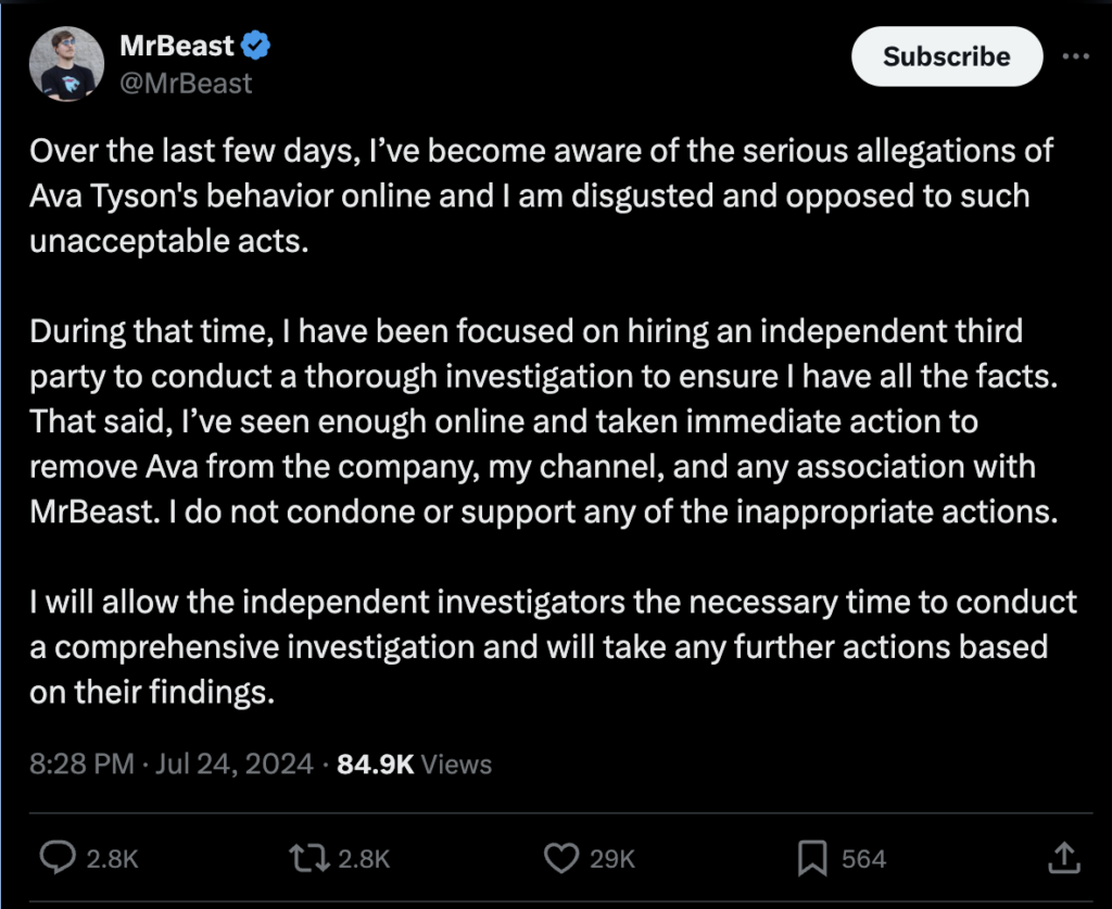 MrBeast responds to Ava Kris Tyson allegations